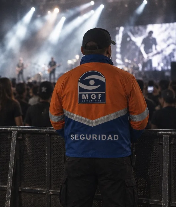 Personal de MGF Seguridad de espaldas junto al vallado durante un recital nocturno